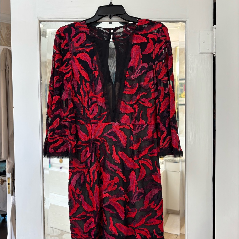 BCBG Red and Black Sheath Dress with Plunge Neckline